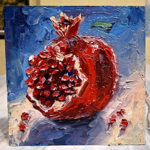 Pintura al óleo de granada Pintura original Granate es un símbolo de riqueza Pequeña pintura arte mural Arte de frutas Pintado a mano 6\6 en Cartón