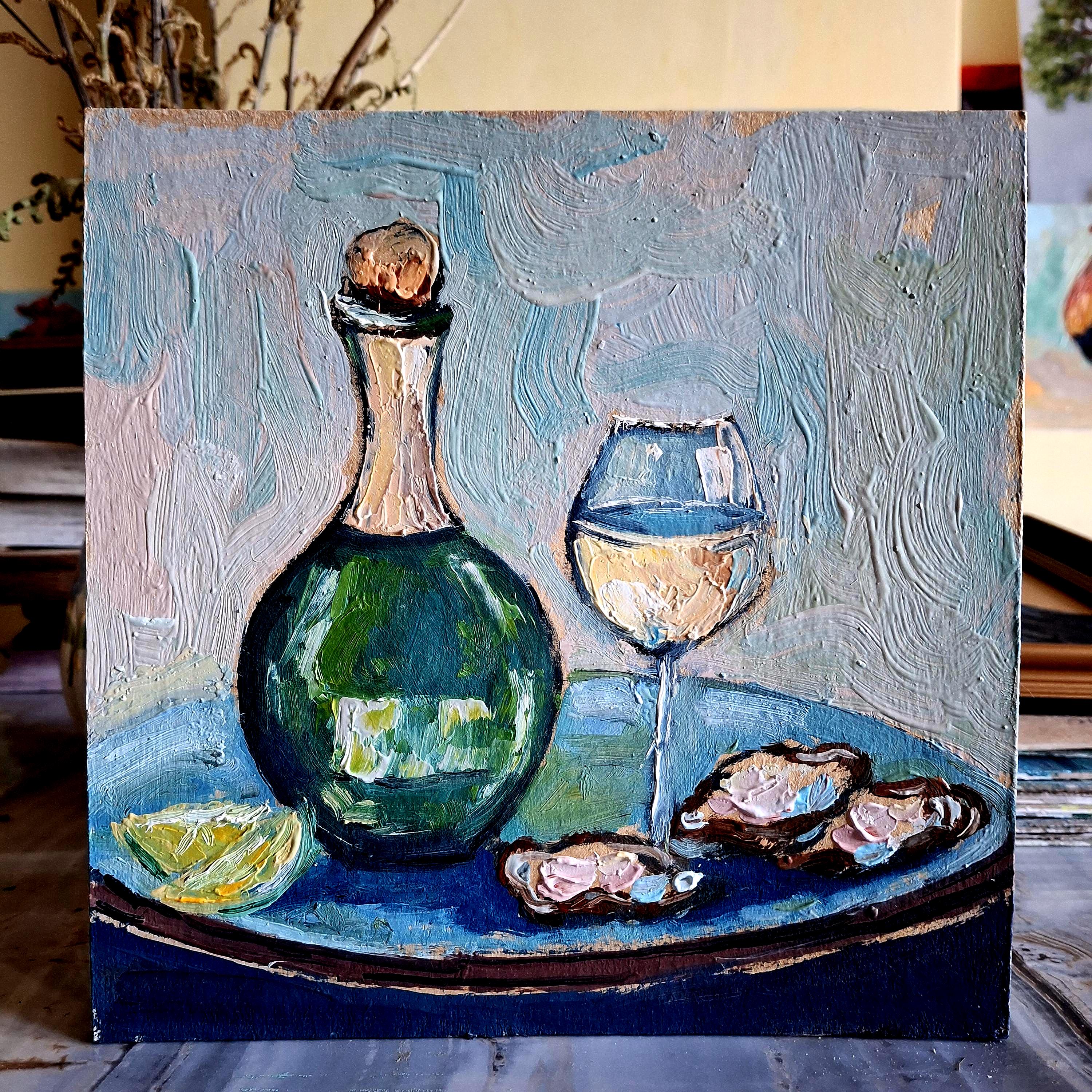油絵原画　静物画　四号「パンとワインとクリムトの風景画」 Amazon.co.jp: アート絵画静物画ボトル カラフ パンとワイン クロード