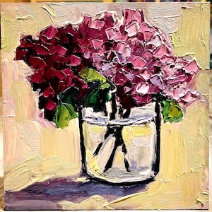 Hydrangea painting Oil painting Flowers painting Original art Hydrangea small painting Hydrangea Wall art Floral art Cardboard 5\5 in image 1