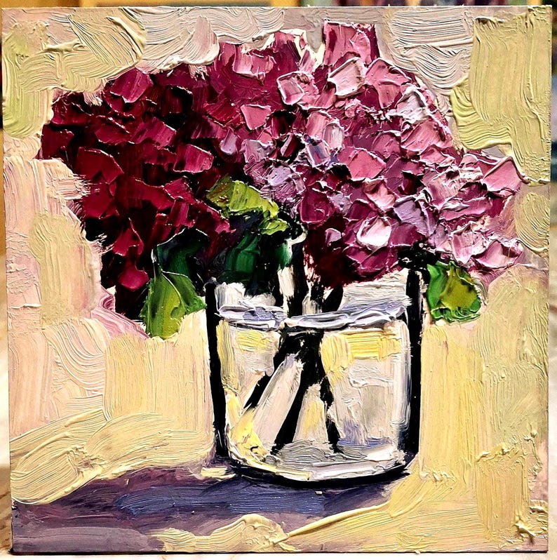 Hydrangea painting Oil painting Flowers painting Original art Hydrangea small painting Hydrangea Wall art Floral art Cardboard 5\5 in image 1
