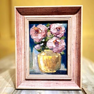 Pintura al óleo de flores Pintura original Pintura de peonías Cuadro con marco Arte floral Arte mural de peonías Pintura empastada Cartón 5\7 in