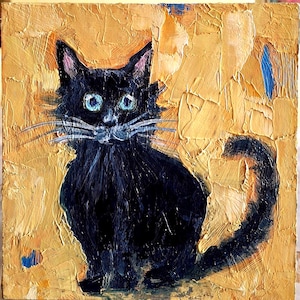 Cuadro de gato negro. Retrato de un gato negro, pintura al óleo. Pintura original de gato negro. Arte animal. Cuadro pequeño de gato. Cartón de 15,24 cm.