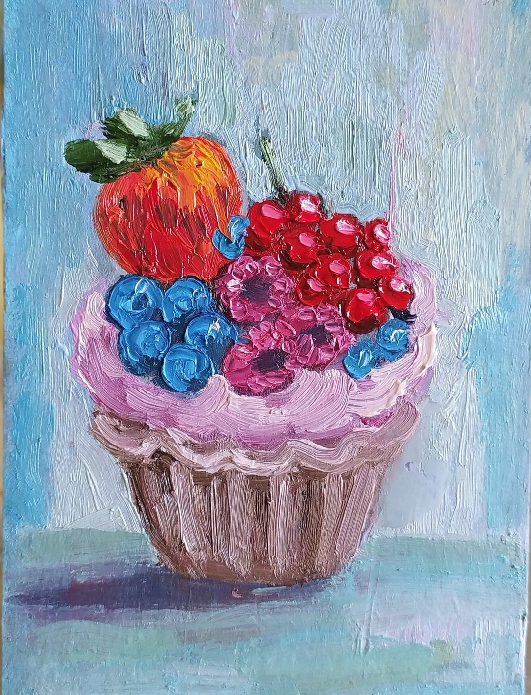 Cupcake Oil Painting.cupcake With Berries Original Picture.cupcake