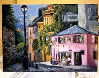 Französisches Stadtbild Originalgemälde. Pariser Straßenkunst Ölgemälde. Abend auf Montmartre. Rosa Café. Französische Leinwand 13,5\9,5 Zoll