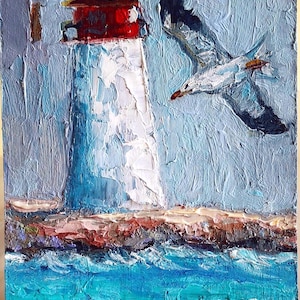 Pintura al óleo de un faro. Pintura original de un faro y una gaviota. Arte de paisaje marino. Pintura hecha a mano de un faro. Pintura empastada. Cartón de 15 a 20 cm.