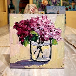 Hydrangea painting Oil painting Flowers painting Original art Hydrangea small painting Hydrangea Wall art Floral art Cardboard 5\5 in image 4