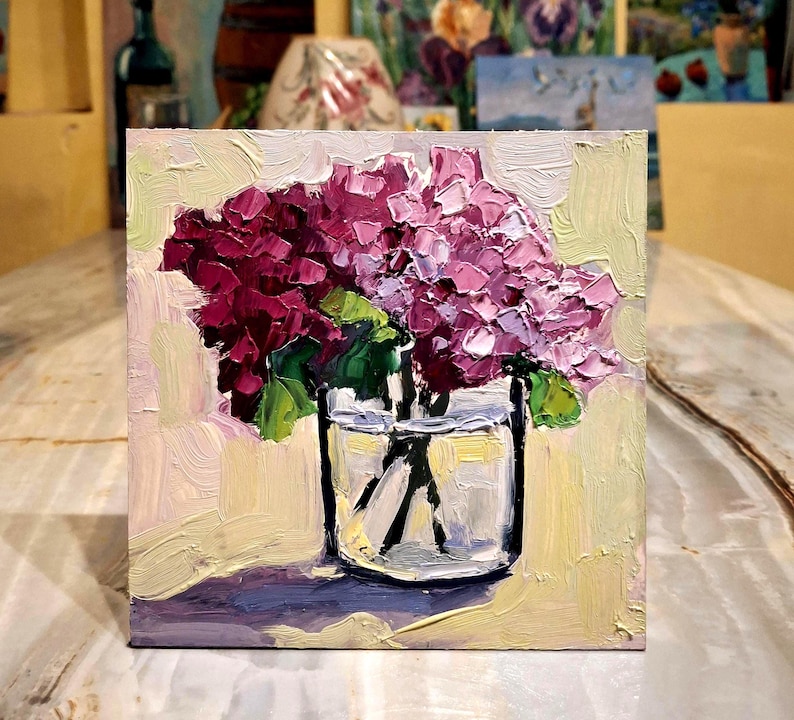 Hydrangea painting Oil painting Flowers painting Original art Hydrangea small painting Hydrangea Wall art Floral art Cardboard 5\5 in image 4
