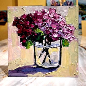 Hydrangea painting Oil painting Flowers painting Original art Hydrangea small painting Hydrangea Wall art Floral art Cardboard 5\5 in image 2