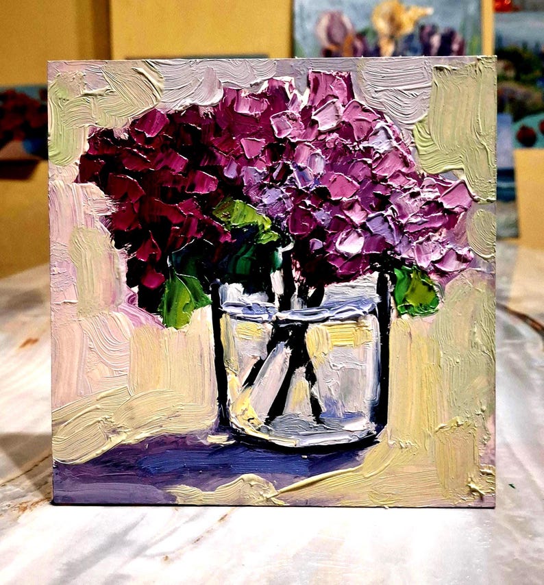 Hydrangea painting Oil painting Flowers painting Original art Hydrangea small painting Hydrangea Wall art Floral art Cardboard 5\5 in image 2