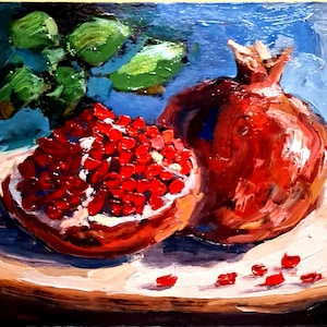 Pintura al óleo de granadas Pintura original Arte de frutas Granate símbolo de riqueza Arte mural de granate Pintado a mano Cartón 8\6 pulgadas