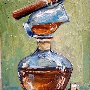 Pintura de whisky Pintura antigua Pintura de cigarros Arte de alcohol Arte original Arte de pared de whisky Naturaleza muerta con whisky Pintado a mano Cartón 6\8 in