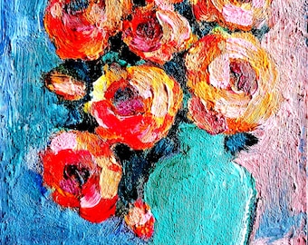 Flower painting. Bouquet of flowers acrylic painting. Bouquet in a vase original painting.Bouquet of flowers small painting.Cardboard 8\6 in