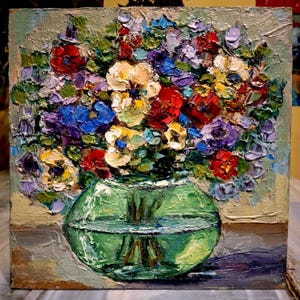 Original Blumen Gemälde Ölgemälde Abstrakte Blumen Florale Wandkunst Blumenstrauß in Vase Gemälde Frühlingsblumen Gemälde Karton 8\8 in