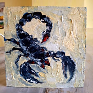 Pintura al óleo de Escorpio. Pintura original de Escorpio. Pintura empastada. Pintura de regalo. Arte mural de Escorpio. Obra de arte original. Cartón de 6\6 pulgadas.