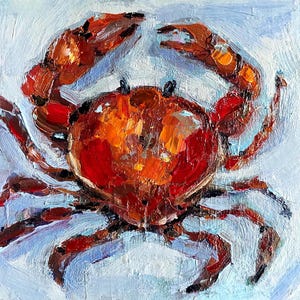 Pintura de cangrejo. Pintura original de cangrejo rojo. Pintura al óleo de cangrejo de mar. Pintura pequeña. Arte de mariscos. Pintura hecha a mano de cangrejo. Tamaño de cartón 6\6 in