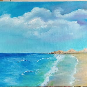 Seascape oil painting on canvas.minimalist oil painting.Sea beach oil painting.Canvas gallery stretch.12\16 in