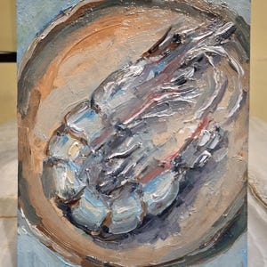 Pintura de camarones Pintura al óleo Arte original Bodegón de camarones Camarones en un plato pintura Pintura pequeña Arte de mariscos Cartón 6\8 in