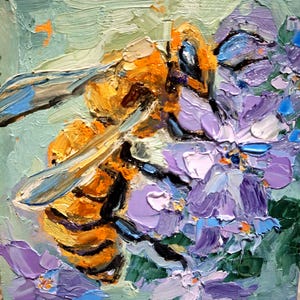 Pintura a óleo de mel de abelha Pintura original Pintura de abelha de flores Arte de abelha de mel Arte floral Pintura pequena Pintado à mão Papelão 6\6 pol.