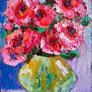 Pintura floral. Pintura original de flores. Pintura acrílica abstracta de peonías. Pintura empastada de peonías de flores. Cartón de 6\8 pulgadas.