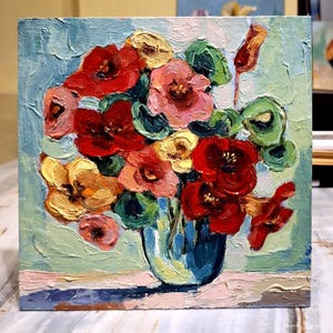 Nasturtium painting Flowers painting Oil painting Original painting Floral wall art Nasturtium art Nasturtium ddmix painting Cardboard 7\7 i