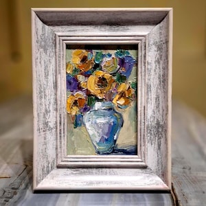 Pintura de flores Pintura al óleo Arte original Pintura en marco Arte floral Pintura al óleo empastada Arte de pared Tamaño solo pintura 4\6 pulgadas Cartón