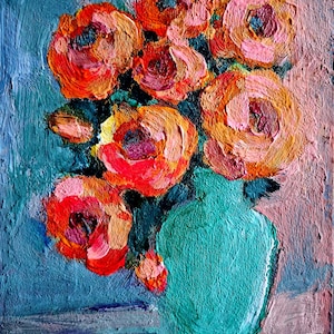 Pintura de flores. Ramo de flores pintura acrílica. Ramo en jarrón, cuadro original. Ramo de flores, cuadro pequeño. Cartón 8\6 pulgadas