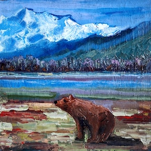 Paisagem do Alasca - Pintura a óleo original. Mundo animal do Alasca. Urso na natureza. Arte artesanal 8\8 em papelão.