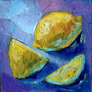 Pintura de limón. Pintura original de cítricos. Arte de cítricos. Arte pintado a mano de limón. Pintura pequeña de limón. Pintura al óleo de limón. Cartón de 6\6 pulgadas