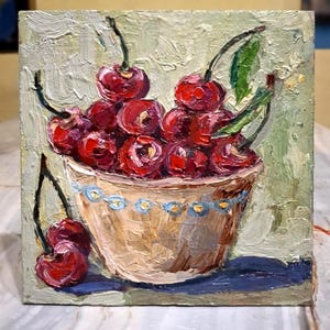 Pintura de cereza Pintura al óleo Pintura de bayas rojas Pintura original Arte de cereza Pintura pequeña Hend pintado Bodegón Cartón 6\6 in.
