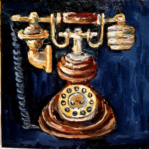 Vintage-Telefongemälde, Ölgemälde, Original-Kunst, antikes Telefongemälde. Seltene Kunst, handbemalt, Karton, 20,3 cm.