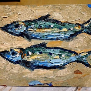 Pintura de sardinas Pintura al óleo Arte de sardinas Pintura original Arte de pescado Pintura pequeña Cartón 5\7 in