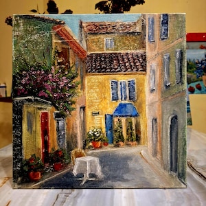 Provence France oil painting.Provence street original painting.Provence cityscape.Canvas on carboard.Cozy street.9.75\9.75 inches.
