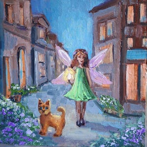 Art de conte de fées. Petite peinture originale de fée. Fille de conte de fées avec une peinture à l’huile de chat rouge. Image mystique Petite image. Carton 8\8in