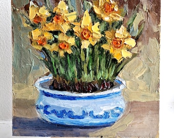 Daffodils flower painting Oil painting Daffodils art Original painting Spring flowers painting Cardboard 7\7 in