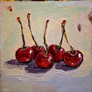 Pintura de cerezas Pintura al óleo Arte de cerezas Pintura original Pintura pequeña Pintura con cerezas Pintura de frutos rojos Cartón 6\6 in