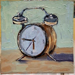 Cuadro de despertador vintage Pintura al óleo Imagen de despertador Pintura original Cuadro de cosas vintage Pintura empastada Cartón 7\7 pulgadas