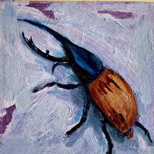 Pintura al óleo de escarabajo rinoceronte. Obra de arte original de escarabajo rinoceronte. Arte de la naturaleza. Pintura pequeña de escarabajo rinoceronte. Pintado a mano. Cartón 6\6 pulgadas.