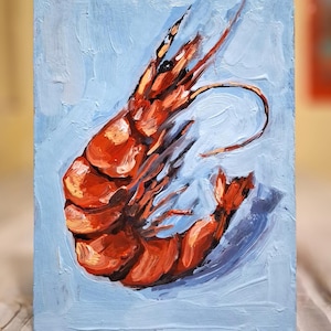 Cuadro de camarones Cuadro al óleo Cuadro de camarones rojos Arte original Cuadro en marco y sin marco.Cartón 6\8 in