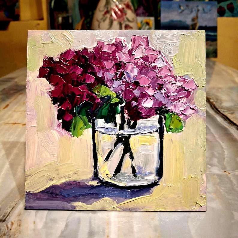 Hydrangea painting Oil painting Flowers painting Original art Hydrangea small painting Hydrangea Wall art Floral art Cardboard 5\5 in image 6