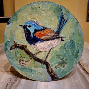Pintura al óleo de aves Pintura original Arte de animales. Pintura de aves exóticas Pintura de aves Hada Wren Pintura de aves Imagen redonda Cartón D8 en