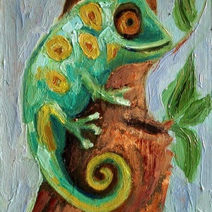 Pintura de camaleón Imagen de animal tropical Pintura al óleo de camaleón. Arte de animales exóticos. Arte original a mano de camaleón. Arte pequeño. Cartón 6\8 pulgadas.