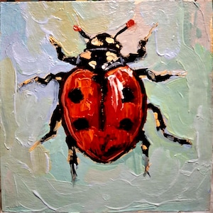 Pintura de mariquita Pintura al óleo Pintura de mariquita y escarabajo Pintura original Pintura pequeña Arte de pared de mariquita Arte de mariquita Cartón 6\6 pulgadas