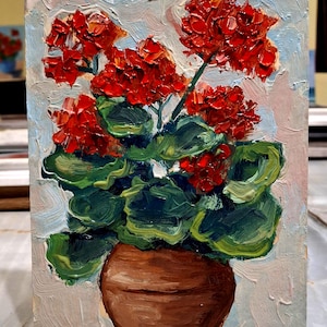 Pintura al óleo de geranio rojo Pelargonium en maceta Pintura original Pintura pequeña Arte mural de flores Arte floral Cartón 5\7 pulgadas