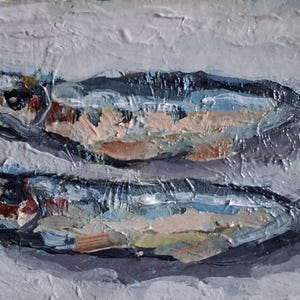 Pintura al óleo de sardinas. Pintura abstracta de sardinas. Arte original. Arte de pared de sardinas. Pintura hecha a mano. Arte de sardinas. Cartón 5\7 in.