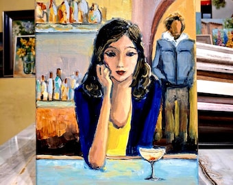 Origineel olieverfschilderij, vrouwenportret op canvas, barscène, wanddecoratie, figuratief kunstwerk, cocktailschilderij, 9,5x12