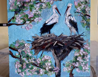 コウノトリのつがい、鳥のつがい、高品質のアート、コウノトリの油絵