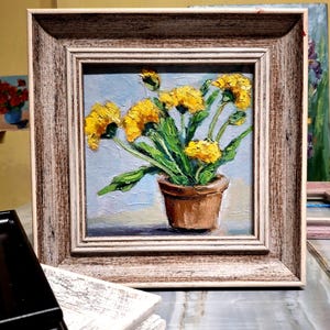 Pintura al óleo de dientes de león. Pintura original de dientes de león. Arte de pared de flores. Cuadro de dientes de león en un jarrón. Pintura pequeña. Cartón de 6\6 pulgadas.
