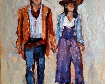 Cowboy and cowgirl painting Original oil painting Man and woman in love art Figurative art work Cardboard 8\10 in
