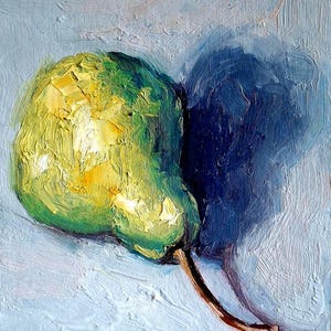 Cuadro original de pera.Pintura al óleo de pera.Cuadro de cocina.Arte original de pera.Arte de pared de pera.Pintura pequeña.6\8 pulgadas.Cartón.