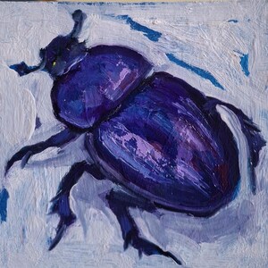 Arte de escarabajo. Pintura original de escarabajo morado. Pintura al óleo de escarabajo. Arte de escarabajos, pintura pequeña de escarabajo. Cuadro hecho a mano. Cartón de 6\6 pulgadas.